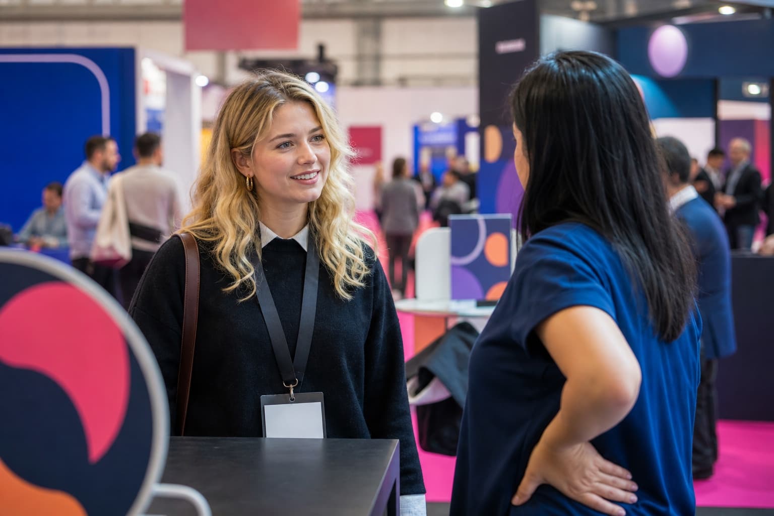 Two attendees speaking at an exhibition booth during a commercial event.