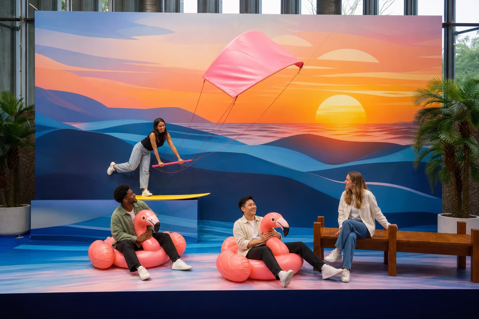 An anonymized experiential event installation with guests using playful props.