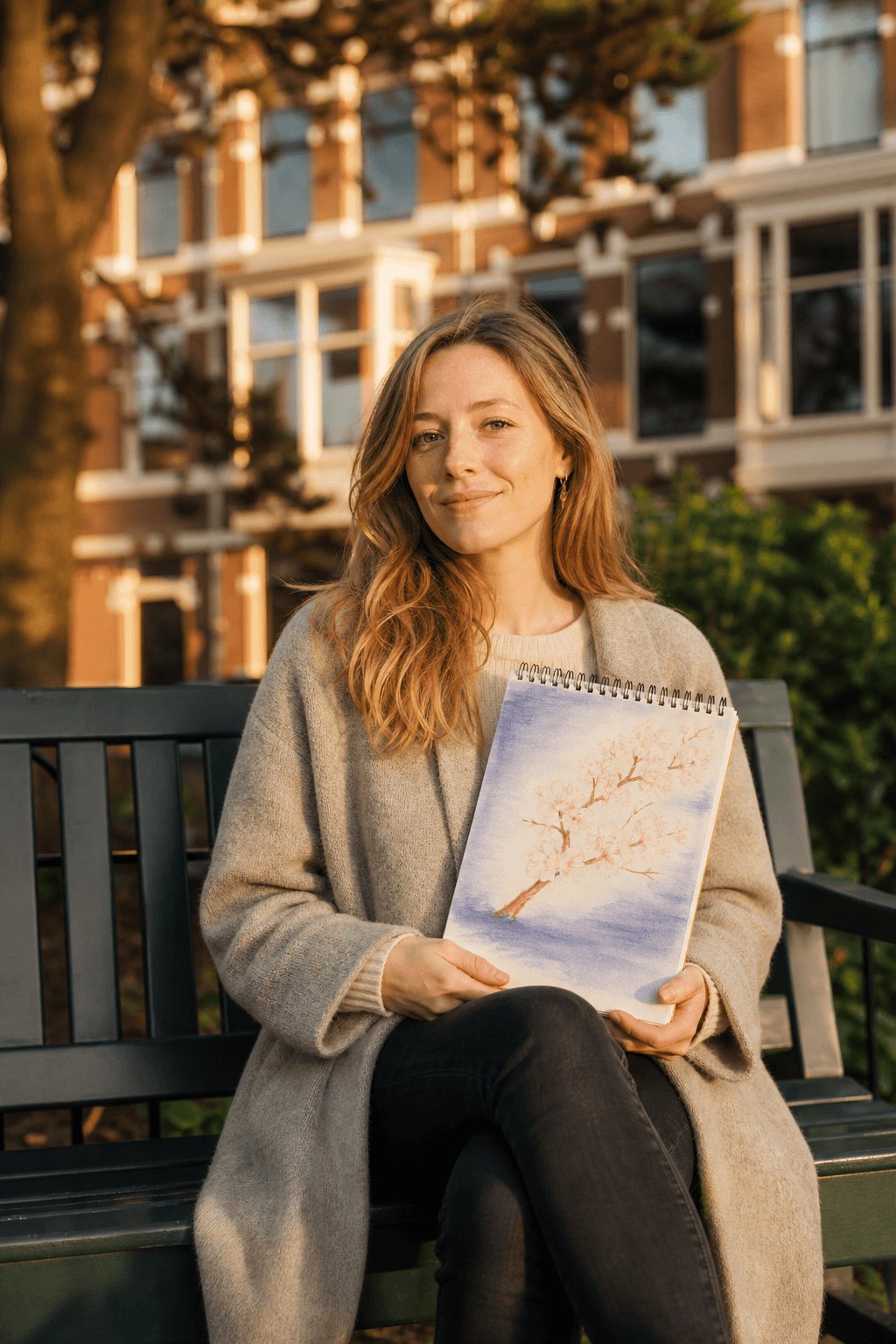 Portrait of an artist seated with a sketchbook in warm spring light.