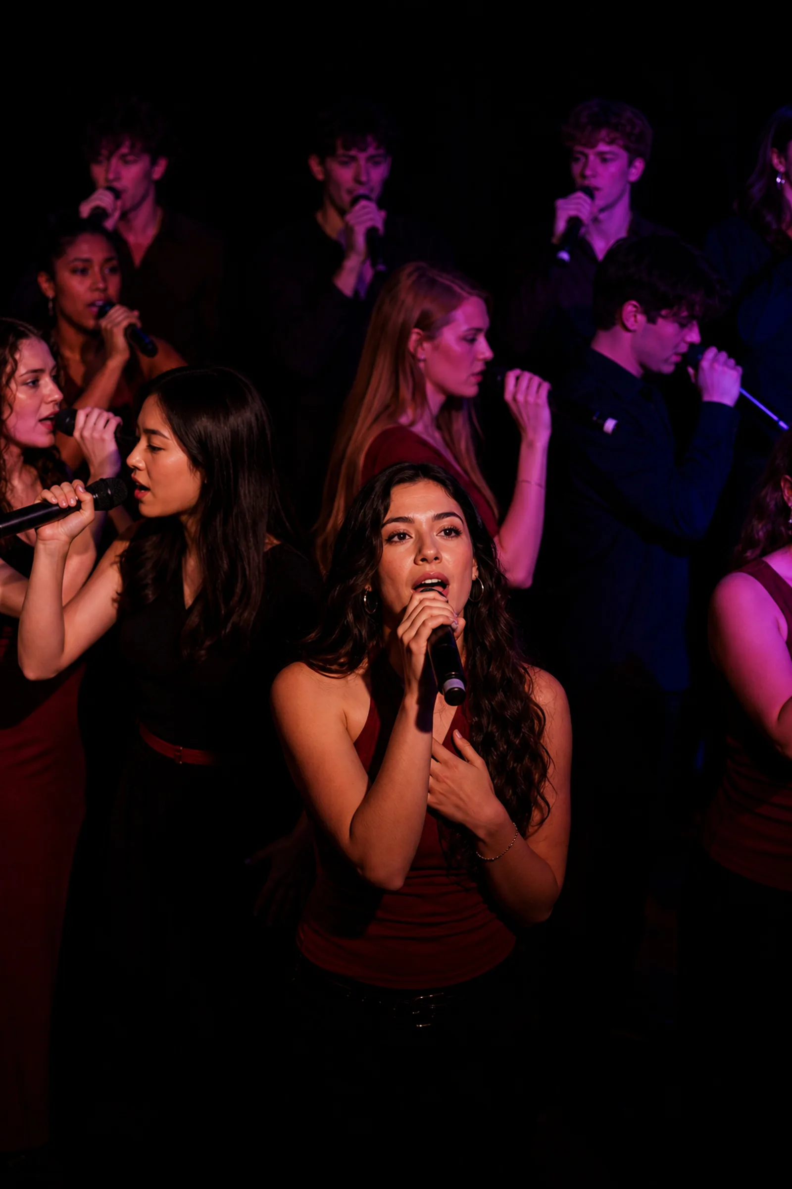 A close live-performance portrait under saturated stage light.