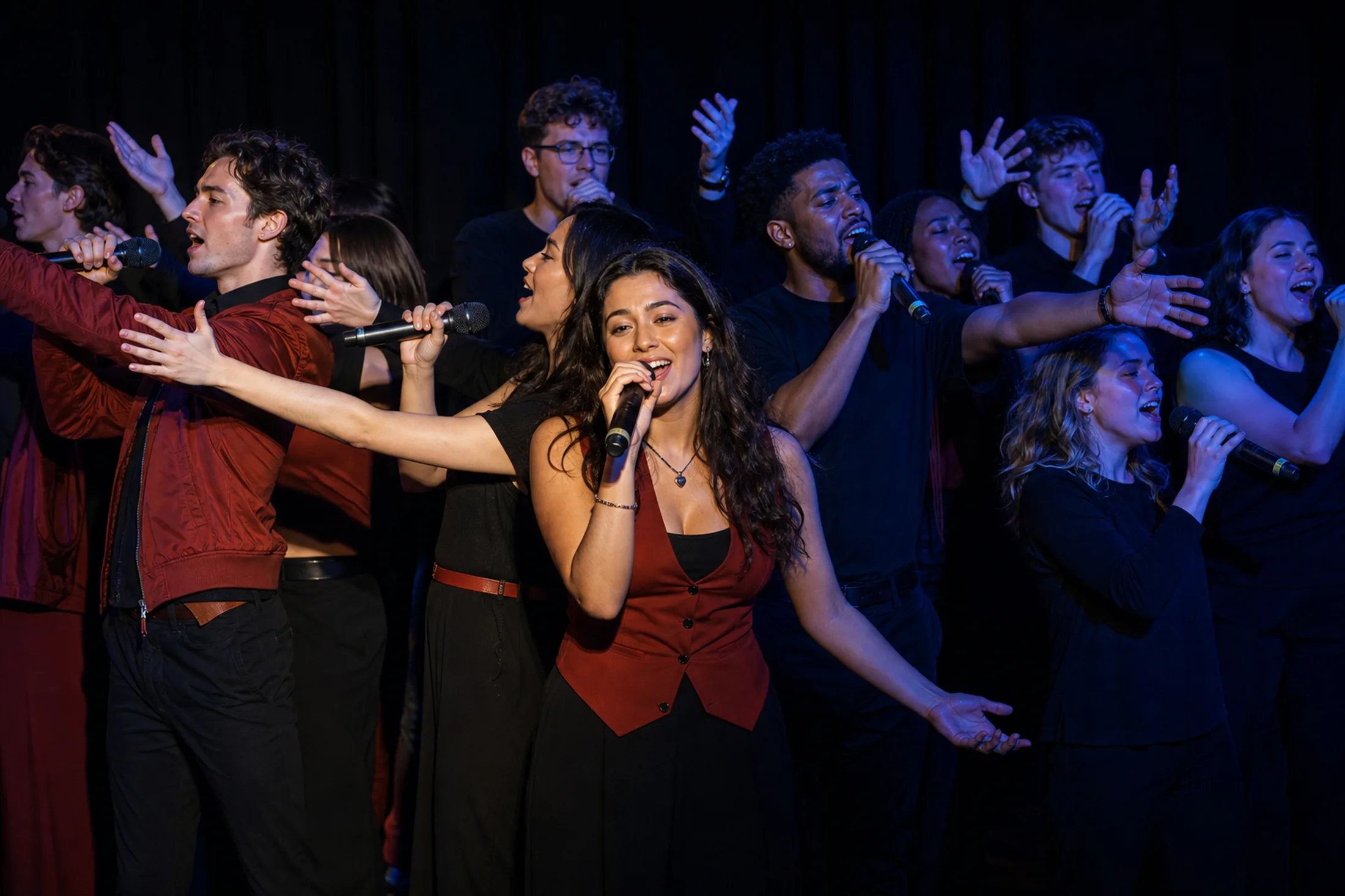 A wide choir performance frame showing stage atmosphere and ensemble structure.