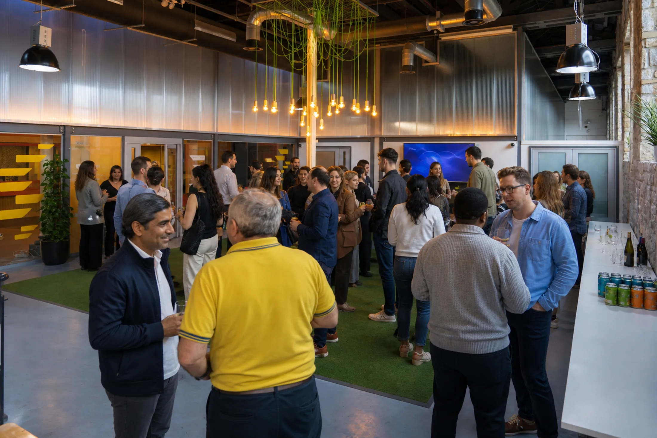 Guests in conversation during a commercial networking event.