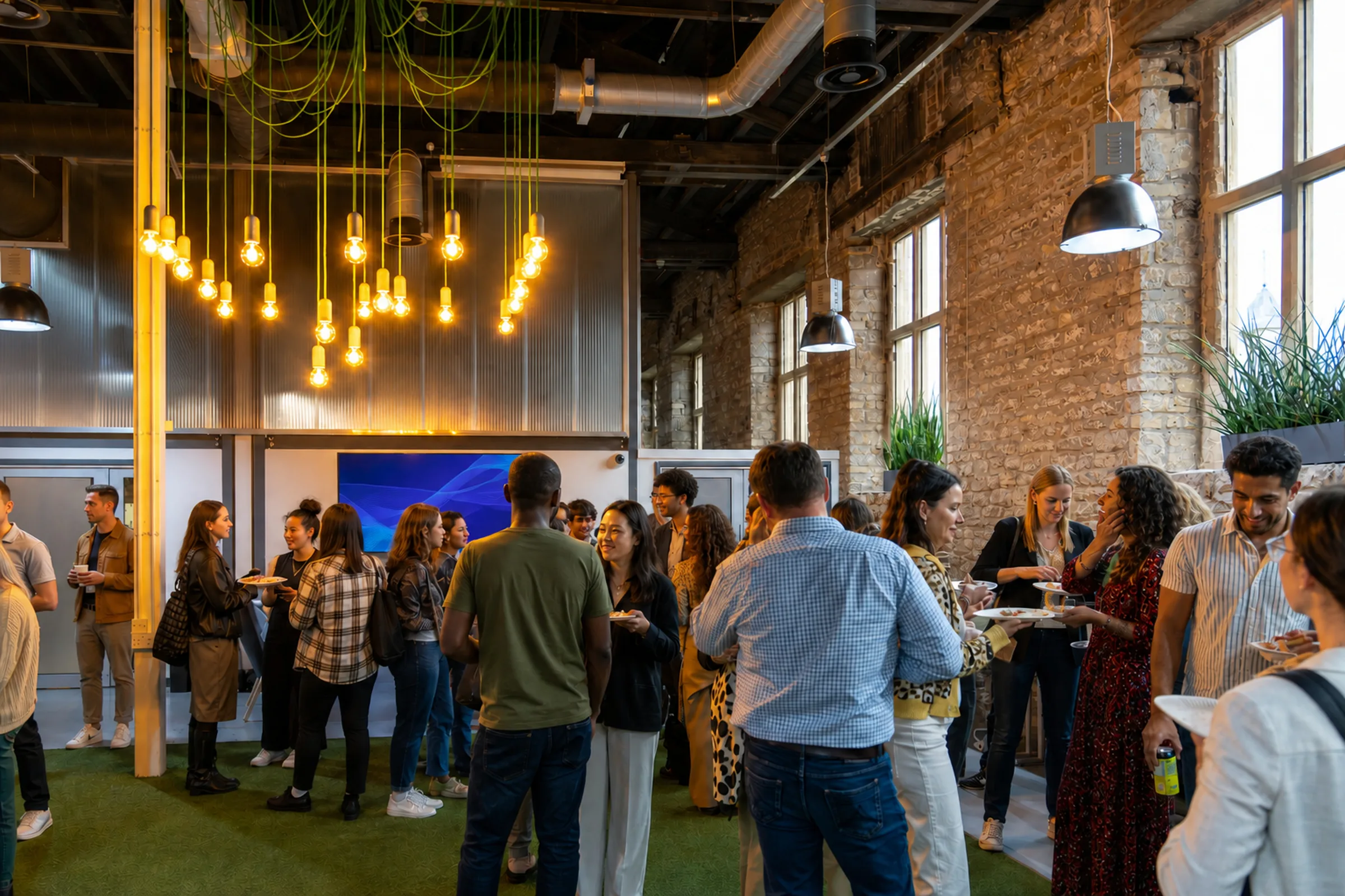 A wide commercial event frame showing guests, venue context, and live atmosphere.