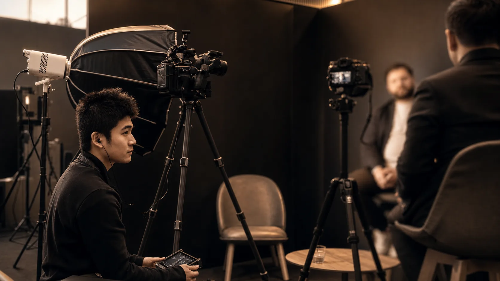 Vision Run production setting with camera, lighting, and a calm interview setup.